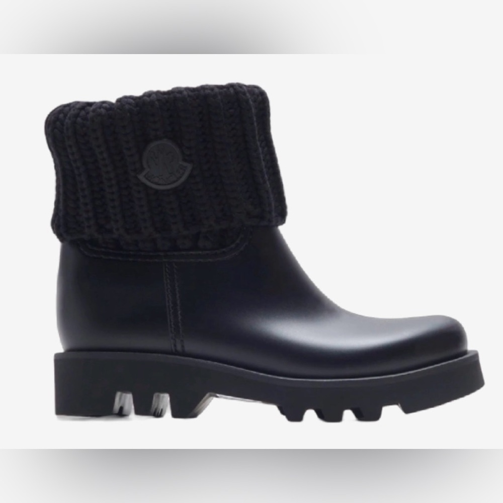 Moncler Black Knit Fabric and Rubber Rain Boots